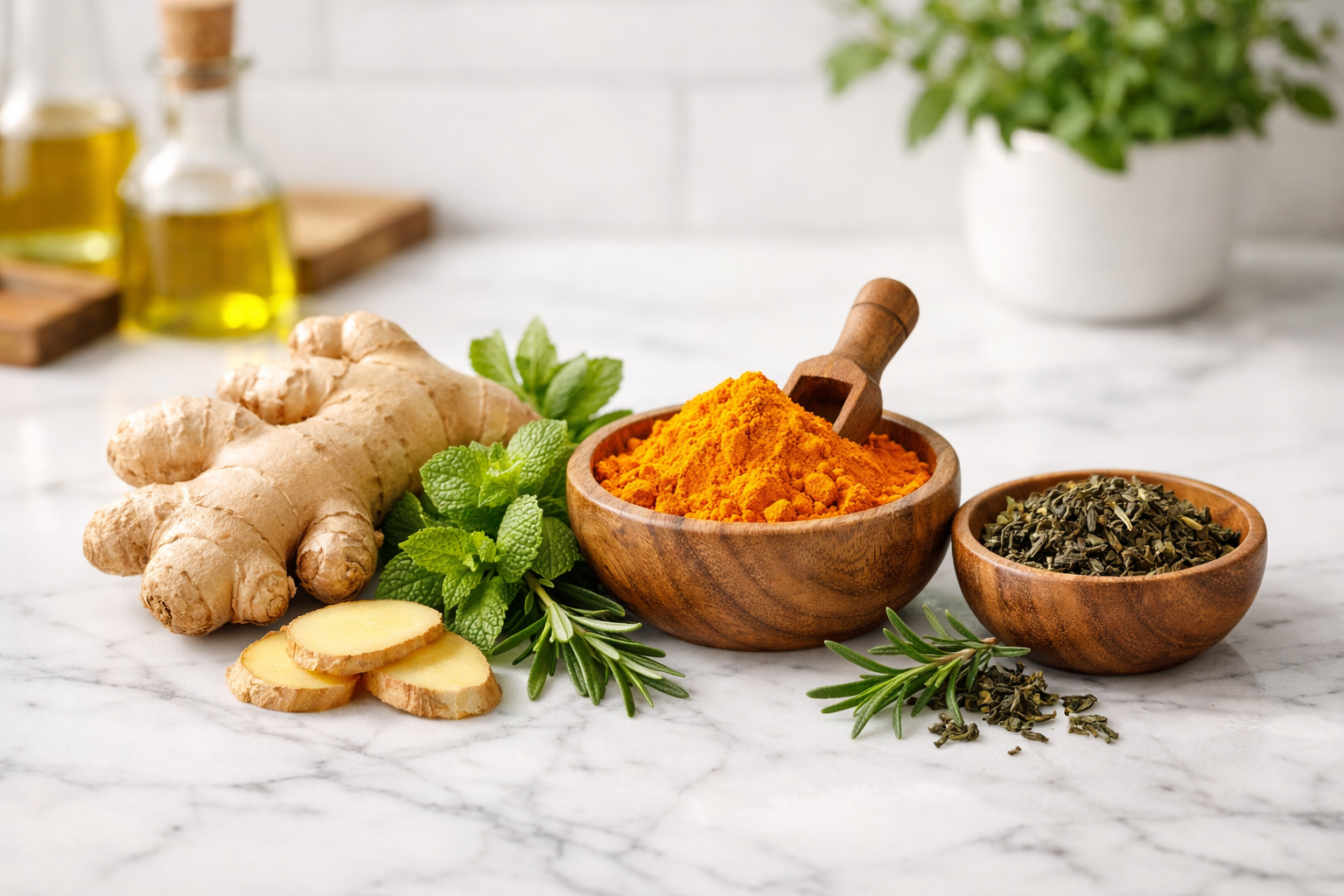 A clean, bright kitchen countertop with natural ingredients - fresh ginger root, turmeric powder in a wooden bowl, green tea leaves, and herbs arranged aesthetically on a white marble surface with soft natural lighting