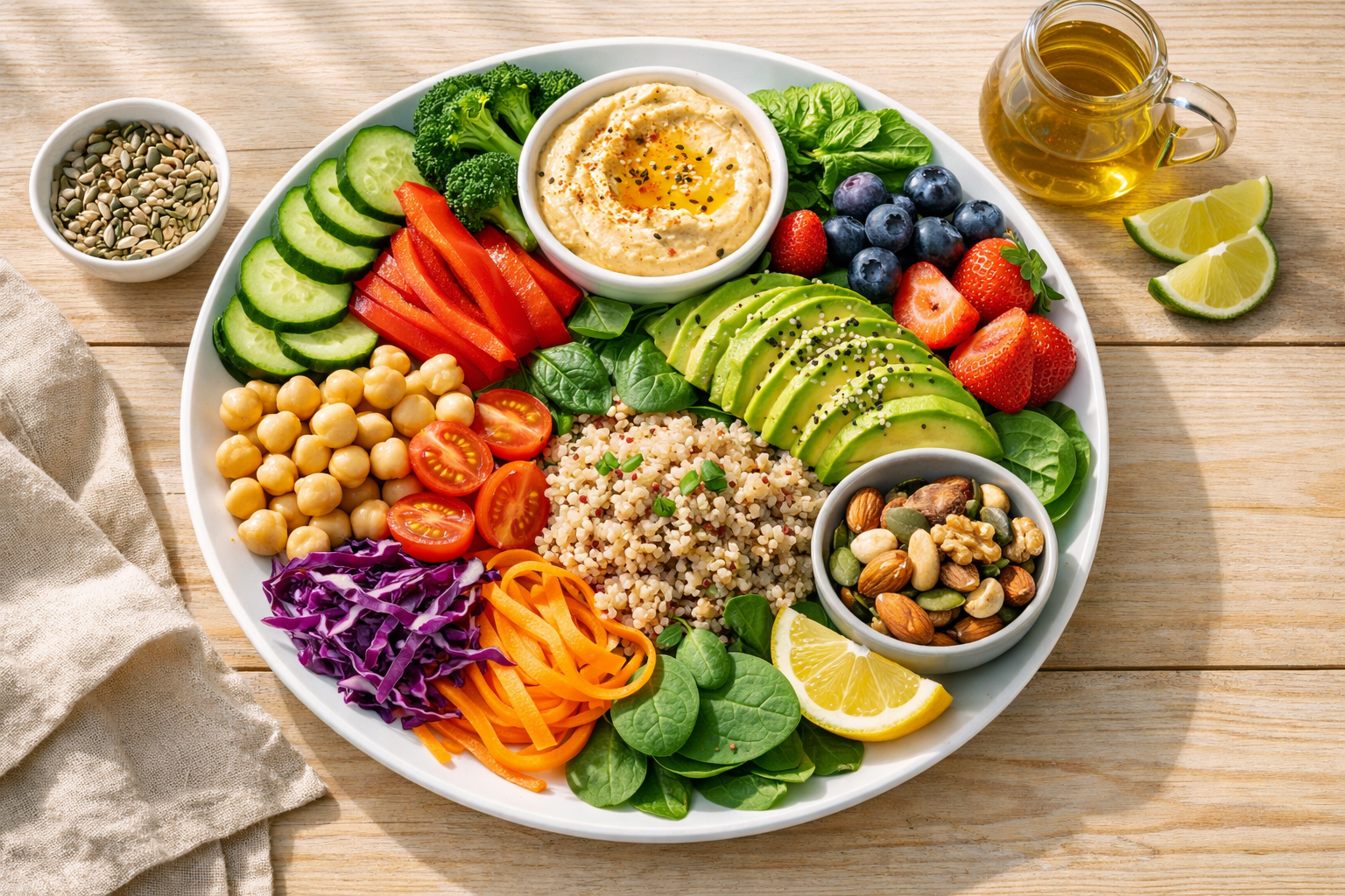 A colorful, appetizing plate with fresh vegetables, whole grain bowl, fruits, and healthy fats arranged beautifully on a light wooden table with natural daylight, top view perspective